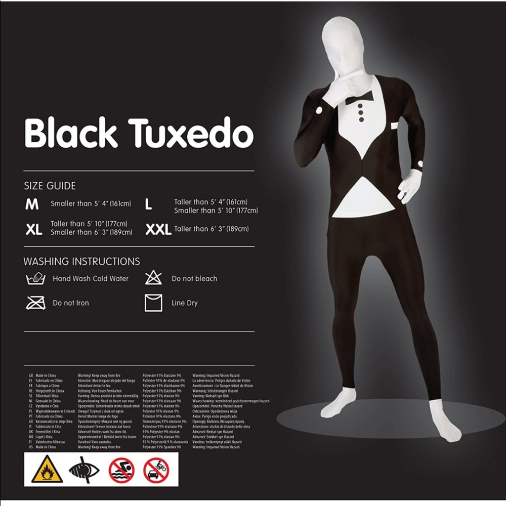 Black Tuxedo Morphsuit Costume Men’s Large Onesie